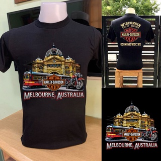 Harley Davidson เสื้อยืดแขนสั้น เมือง-Melbourne Australiaที่คึกคัก -เสื้อยืดกราฟฟิค Tram Motorcycle สำหรับผู้ชาย SS007