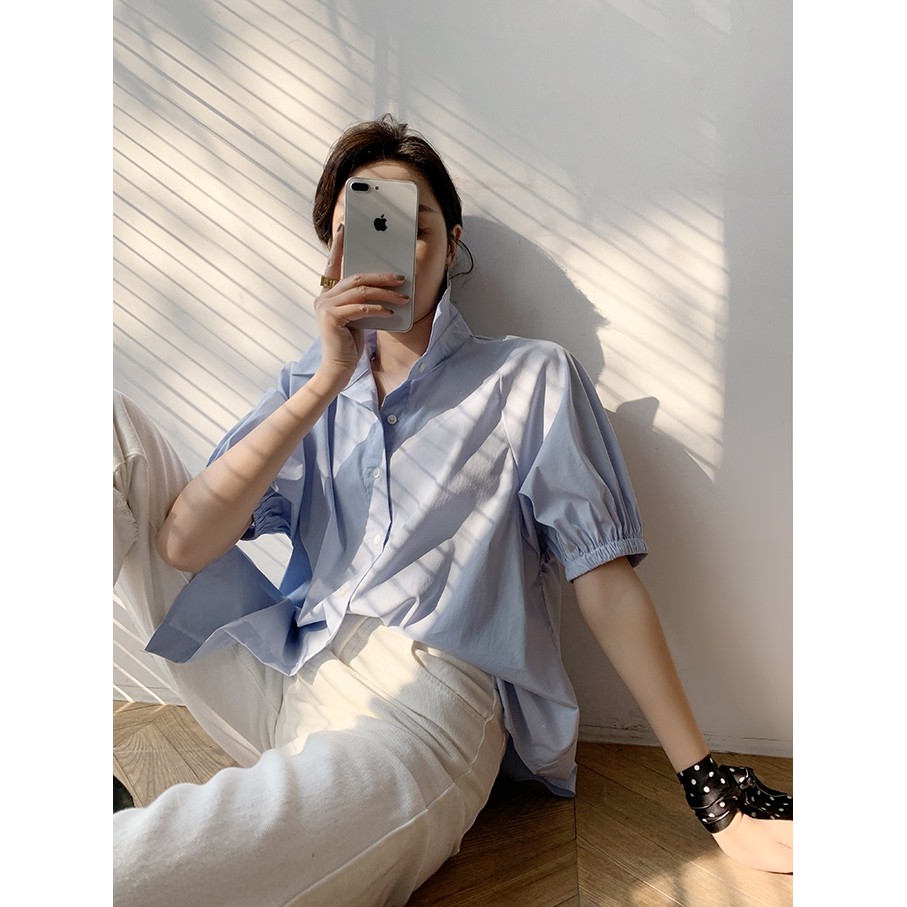MC802 สินค้าพร้อมส่ง เสื้อเชิ้ตแขนสั้น ผู้หญิง เสื้อจั้มแขน เสื้อวินเทจ ฟรีไซส์