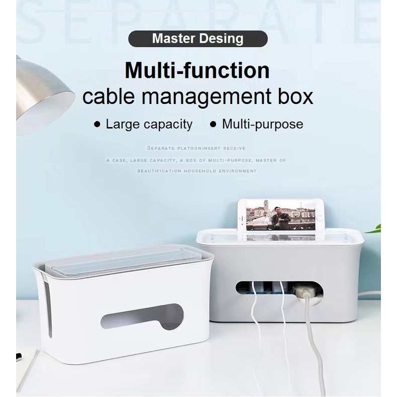 กล่องเก็บปลั๊กไฟ กล่องเก็บสายไฟ มีฝาปิดใส มีช่องเก็บสายชาร์จ Cable Management Box Cable Storage Box