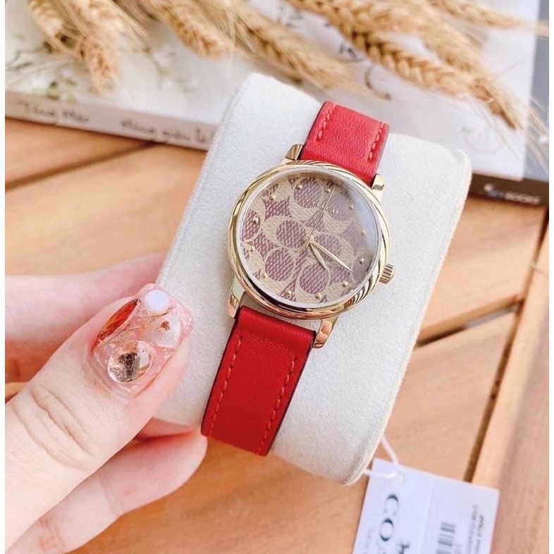 (ผ่อน0%) นาฬิกา COACH 14503401 Lady's watch  สายหนัง สีแดง ตัวเรือน สีทอง หน้าปัด สีเทา