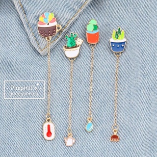 🇹🇭 พร้อมส่ง : 🌵 เข็มกลัดเซ็ทกระบองเพชรปลายโซ่ห้อย | Cactus Chain Enamel Brooch Pin Set.