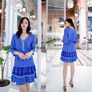 MASS Fashion : เดรสสั้นโบโฮ แขนยาว สีน้ำเงิน Dress Boho Blue Print