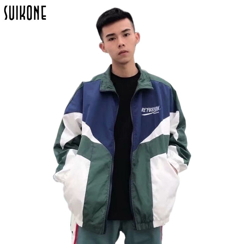 Suikone เสื้อแจ็กเก็ตบุรุษ,เสื้อแจ็กเก็ตปักลายแฟชั่นลายบล็อกมีซิปสำหรับใส่นอกบ้าน