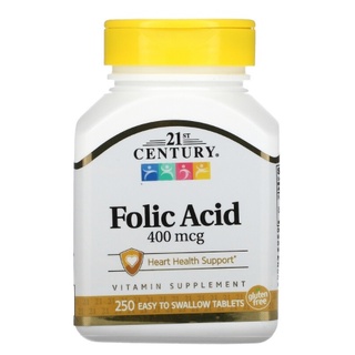 โฟลิก 250เม็ด 21st Century, Folic Acid, 400 mcg, 250 Easy to Swallow Tablets