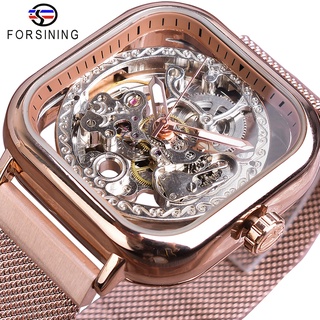 Forsining Rose Golden Automatic Square Men Watch Skeleton Mesh Stainless Steel Band Self-Wind Mechanical Wristwatch 2019