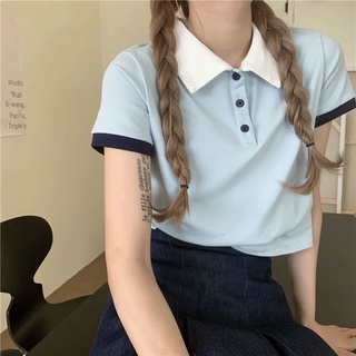 🔥Hot Sale/🌻💞เสื้อโปโลสีฟ้าอ่อนเสื้อยืดผู้หญิงแขนสั้นเสื้อสไตล์อเมริกันน่ารักสำหรับสาวๆความรู้สึกของการออกแบบ