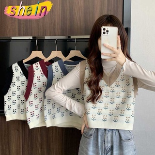 Shein🔥*ฟชั่นหญิงพร้อมส่ง*เสื้อกั๊กไหมพรม ลายวินเทจ ใส่สวย ดูหรูหรา แบบสวมหัว สไตล์ย้อนยุค เกาหลี สำหรับผู้หญิง23165