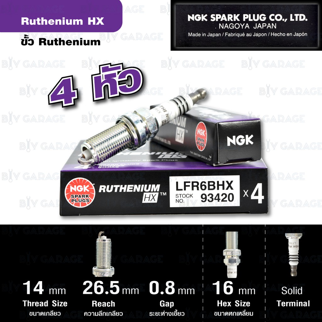 NGK หัวเทียน Ruthenium HX LFR6BHX 4 หัว Toyota Fortuner ’05, Hilux Vigo, Innova '04 เครื่องTurbo [ อ