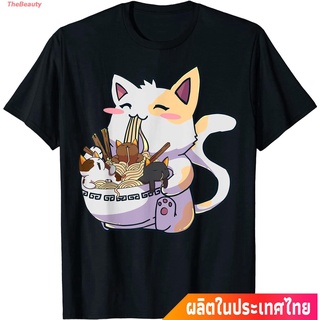 เสื้อยืดผ้าฝ้ายพิมพ์ลายขายดีเสื้อผ้ามีสไตล์TheBeauty ใหม่ แมว น่าสนใจ น่ารัก  Kawaii Neko Cat Ramen Bowl Anime Japanese