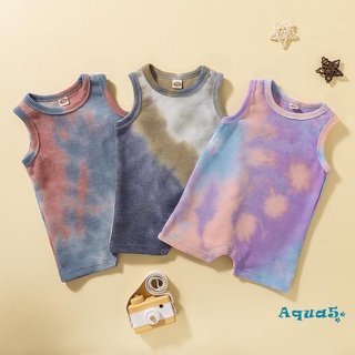 AQQ-Newborn Summer Waffle Playsuit, Toddler Sleeveless Tie-dye Print Round Neck Romper