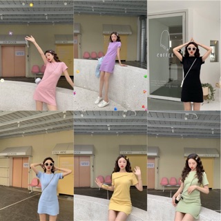 🍭 Candy basic dress ชุดเดรสสั้น คอกลม สีพื้นเบสิค มี6สี ม่วง ฟ้า เขียว ชมพู ดำ เหลือง 🌈