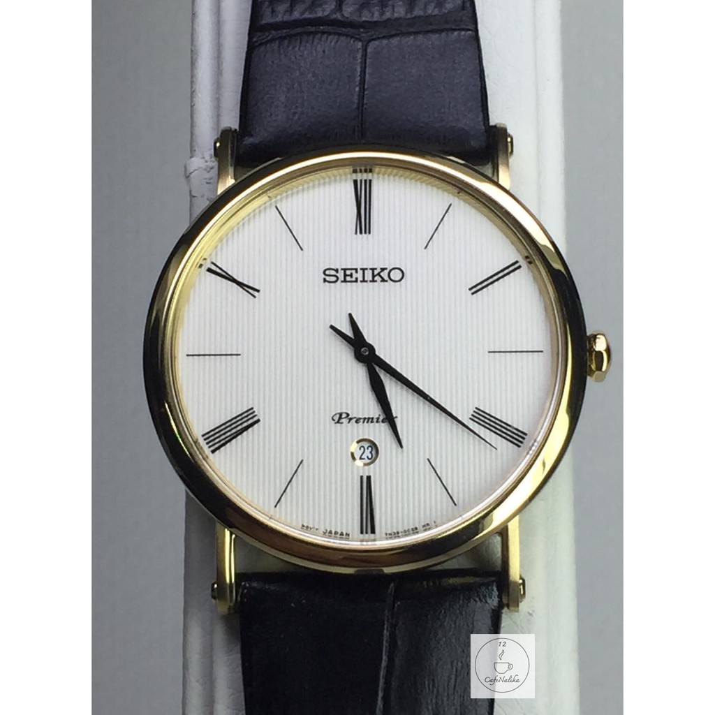นาฬิกาผู้ชาย SEIKO รุ่น SKP396P1 Premier Classic Watch เรือนทอง สายหนังสีดำ นาฬิกาของแท้ 100 เปอร์เซนต์