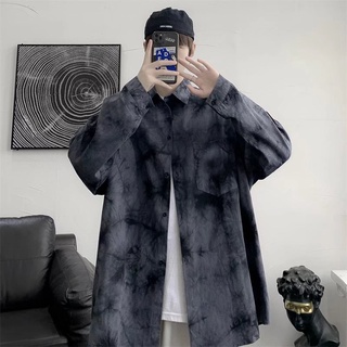 เสื้อเชิ้ตแขนยาวลําลอง พิมพ์ลายมัดย้อม ทรงหลวม ขนาดใหญ่ สวมใส่สบาย สไตล์ฮิปฮอป สําหรับผู้ชาย และผู้หญิง