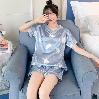 🔥พร้อมส่ง🔥1086 ชุดนอนผ้าซาติน แขน-ขาสั้น ชุดนอนลายการ์ตูน ชุดนอนลายน่ารัก ชุดนอนผ้าซาติน
