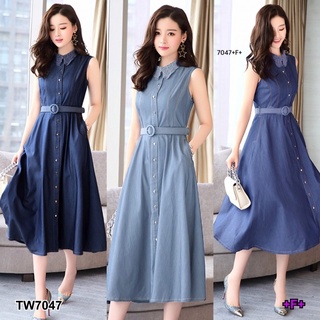 ME7047 เดรสยีนส์คอปก แขนกุด มีกระดุมติดด้านหน้า เนื้อยีนส์เทียมฟองสี ทรงสวยเข้ารูป มาพร้อมสายเข็มขัดผ้ายีนส์และมีกระเป๋า