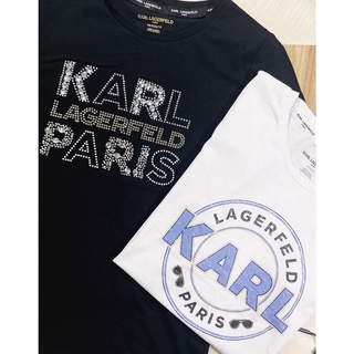 เสื้อยืดครอป เสื้อยืดแขนสั้น ผ้าฝ้าย พิมพ์ลายตัวอักษร Karl Lagerfeld แฟชั่นฤดูร้อน สําหรับผู้หญิง