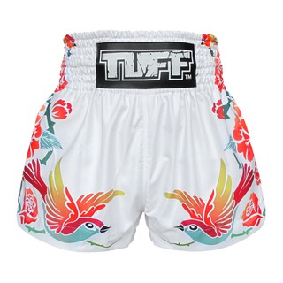 TUFF มวยไทย กางเกงมวยไทย สีขาว นก กุหลาบ TUFF Muay Thai Boxing White Shorts Birds And Roses Inspired by Ancient Drawing