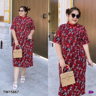 J15867 เดรสกี่เพ้า #BigSize ลายพัด แต่งกระดุมจีน Cheongsam dress #BigSize fan pattern decorated with Chinese buttons