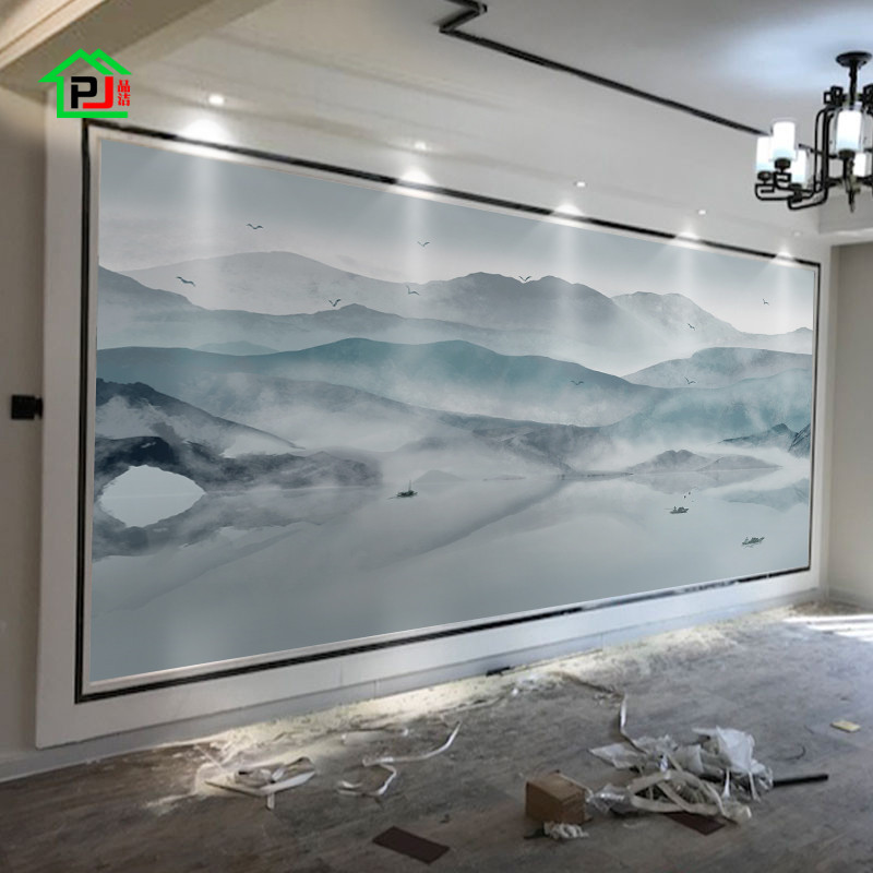 新款中式電視背景牆水墨船壁紙山水畫客廳沙發牆紙臥室床頭壁佈ลดเหล อ 400