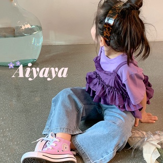 Aiyaya🌈ชุดเสื้อผ้าเด็กผู้หญิง🌈กางเกงยีนเด็กผู้หญิง👧🏻ชุดเสื้อยืดแขนสั้นเด็กผู้หญิงลูกไม้สีม่วง + กางเกงยีนส์ 2 ชิ้น 075