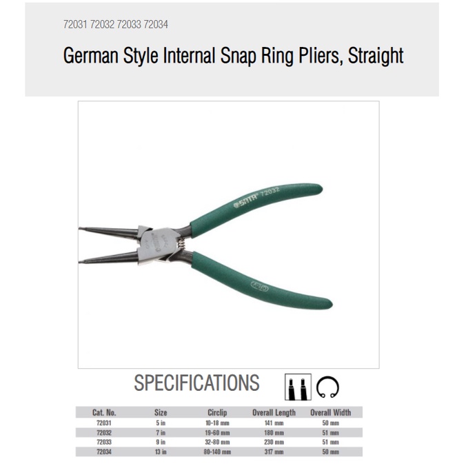 SATA 72031 72032 72033 72034 GERMAN สไตล์ INTERNAL SNAP RING STAIGHT CLOSE PLIERS 5" 7" 9" 13"