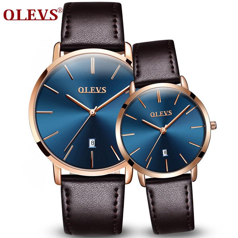 OLEVS คู่นาฬิกาควอตซ์กันน้ำบางเฉียบผู้ชายและผู้หญิงนาฬิกาสมาร์ทนาฬิกาข้อมือหนังปฏิทินหรูหรา