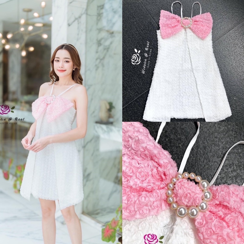 Mini dress หวานรับ วาเลนไทน์ Valentine มินิเดรสสายเดี่ยวสุดน่ารัก เนื้อผ้าลูกไม้กุหลาบ 3D ทั้งชุด งา