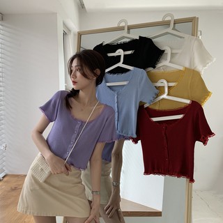 Cici(พร้อมส่ง)เสื้อไหมพรมแขนสั้นเข้ารูปแต่งแขนระบายคอยูขอบลูกไม้ซีทรู(3782/9692)
