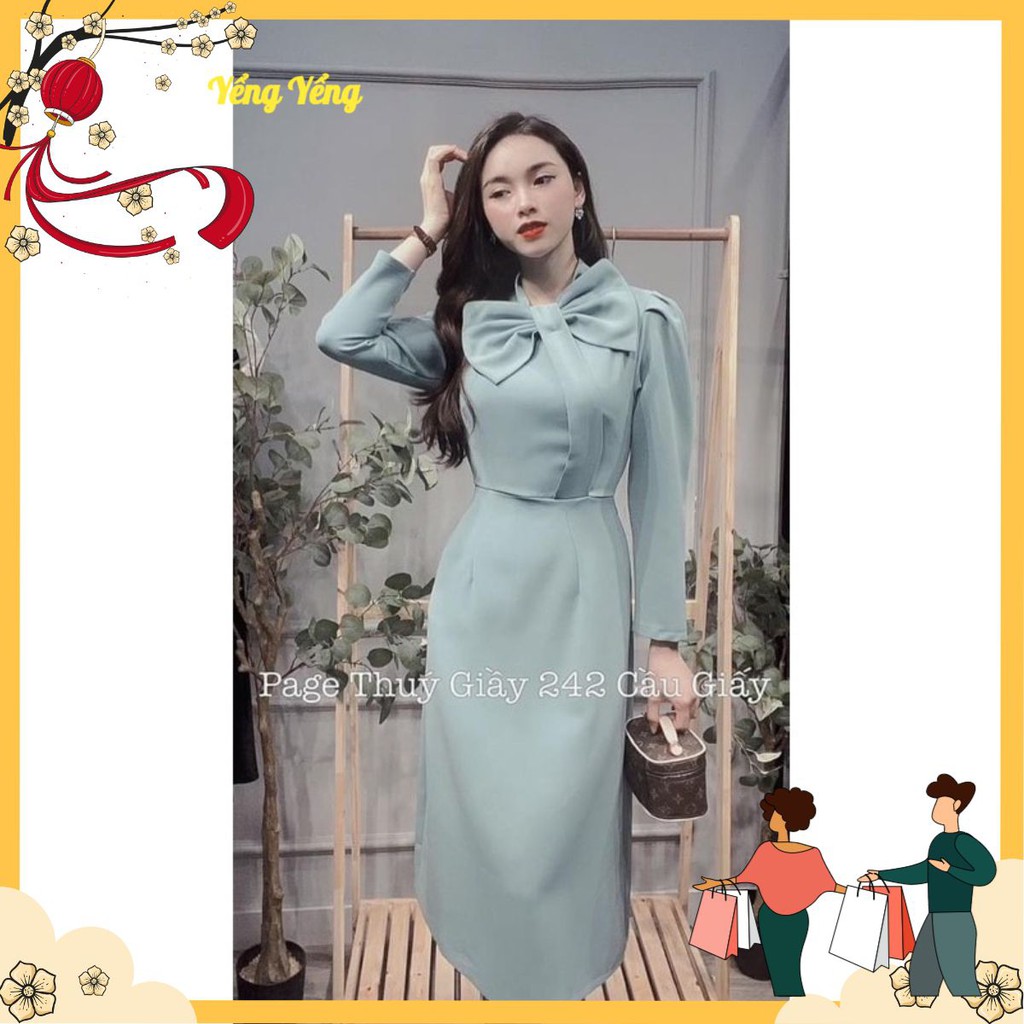 VNU0001 - ชุด MIDI แขนยาวพร้อมคอโบว์ใหญ่ - สีน้ําตาลดําสีน้ําเงิน