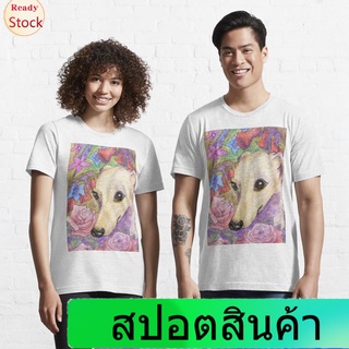 เสื้อยืดลำลอง Shy flower whippet greyhound dog hiding in the garden Essential T-Shirt Mens Womens T-shirts