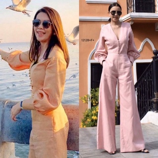 👗Pfashion [ส่งไว!!🚛] P12128 Jumpsuit จั้มสูทคอวีขายาวแต่งกระดุมอก Jumpsuit V-neck long-sleeved jumpsuit with b