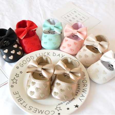 รองเท้าเด็กผู้หญิง ผู้ชาย หนัง PU พื้นนิ่ม กันลื่น ประดับโบว์ สําหรับเด็กทารกแรกเกิด 0-18 เดือน