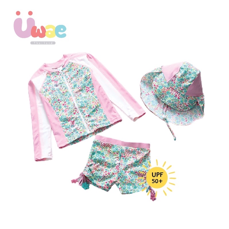 Uwae ชุดว่ายน้ำเด็ก ชุดว่ายน้ำกันรังสี พร้อมหมวก Sweety Floral UV121