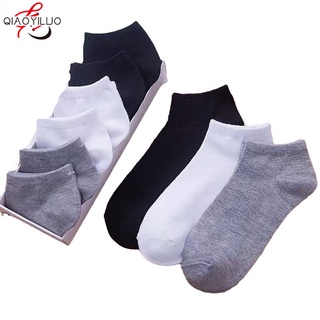 QiaoYiLuo ถุงเท้าข้อสั้น สีดำ ขาว เทา เนื้อผ้าคอตตอน นุ่ม ระบายอากาศได้ดี