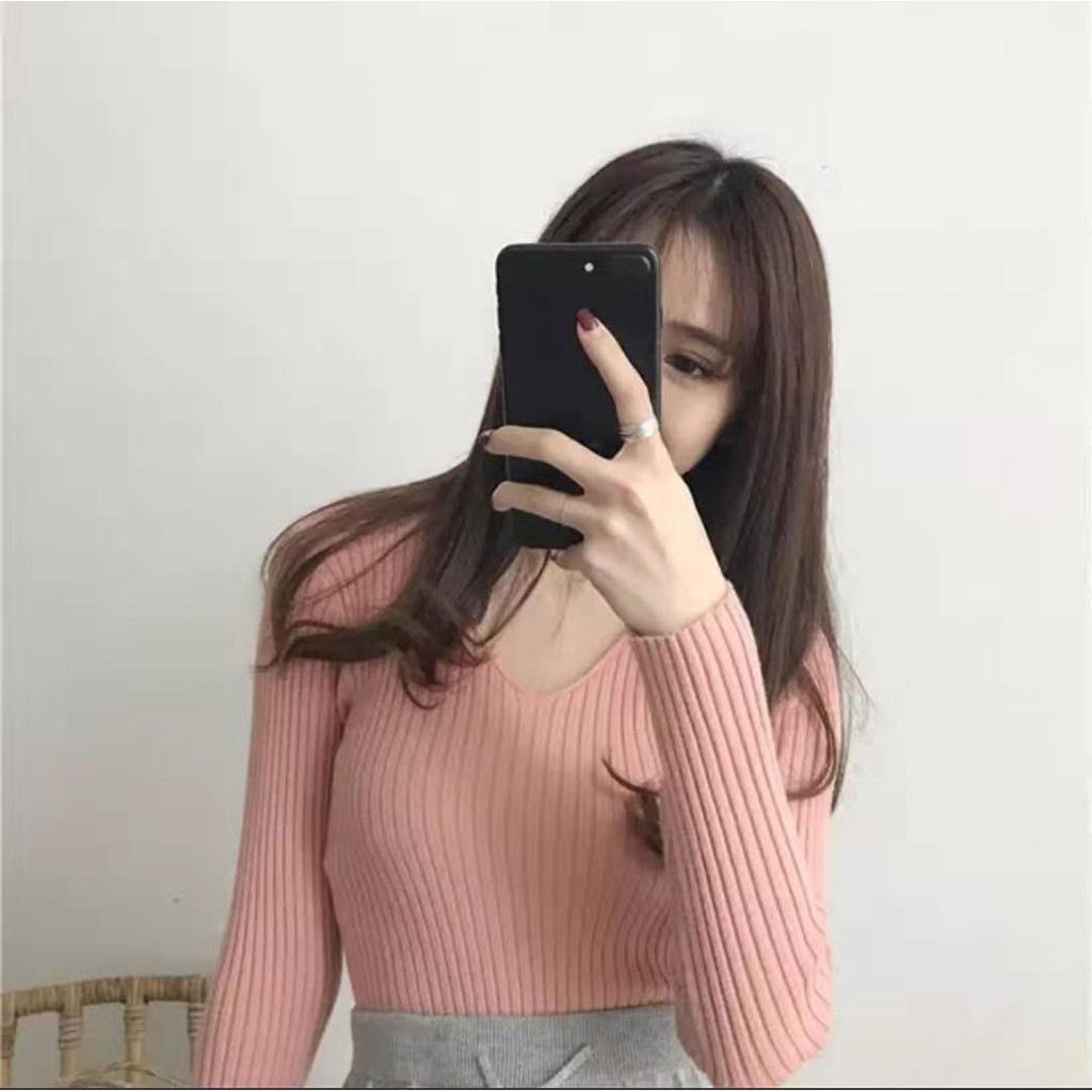 Bonnieเสื้อแขนยาวไหมพรมคอวีทรงรัดรูป เสื้อกันหนาวแฟชั่น รุ่น#004 - รูปที่ 4