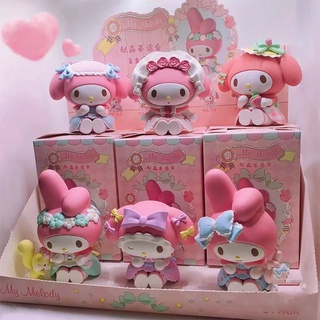 【ของแท้】MINISO ชุดกล่องสุ่ม ตุ๊กตาฟิกเกอร์ My Melody Secret Forest Tea Party 6 ชิ้น