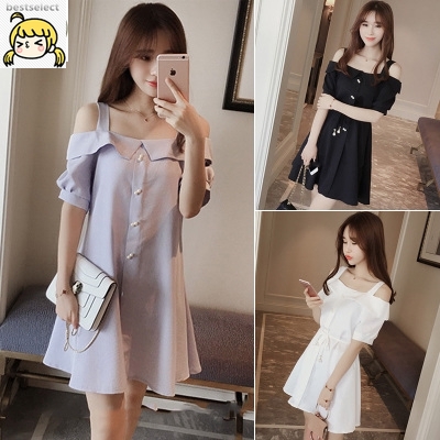 เดรสผู้หญิงทรงเอ bestselect🔥ชุดเดรสสั้นโชว์ไหล่ทรงหลวม