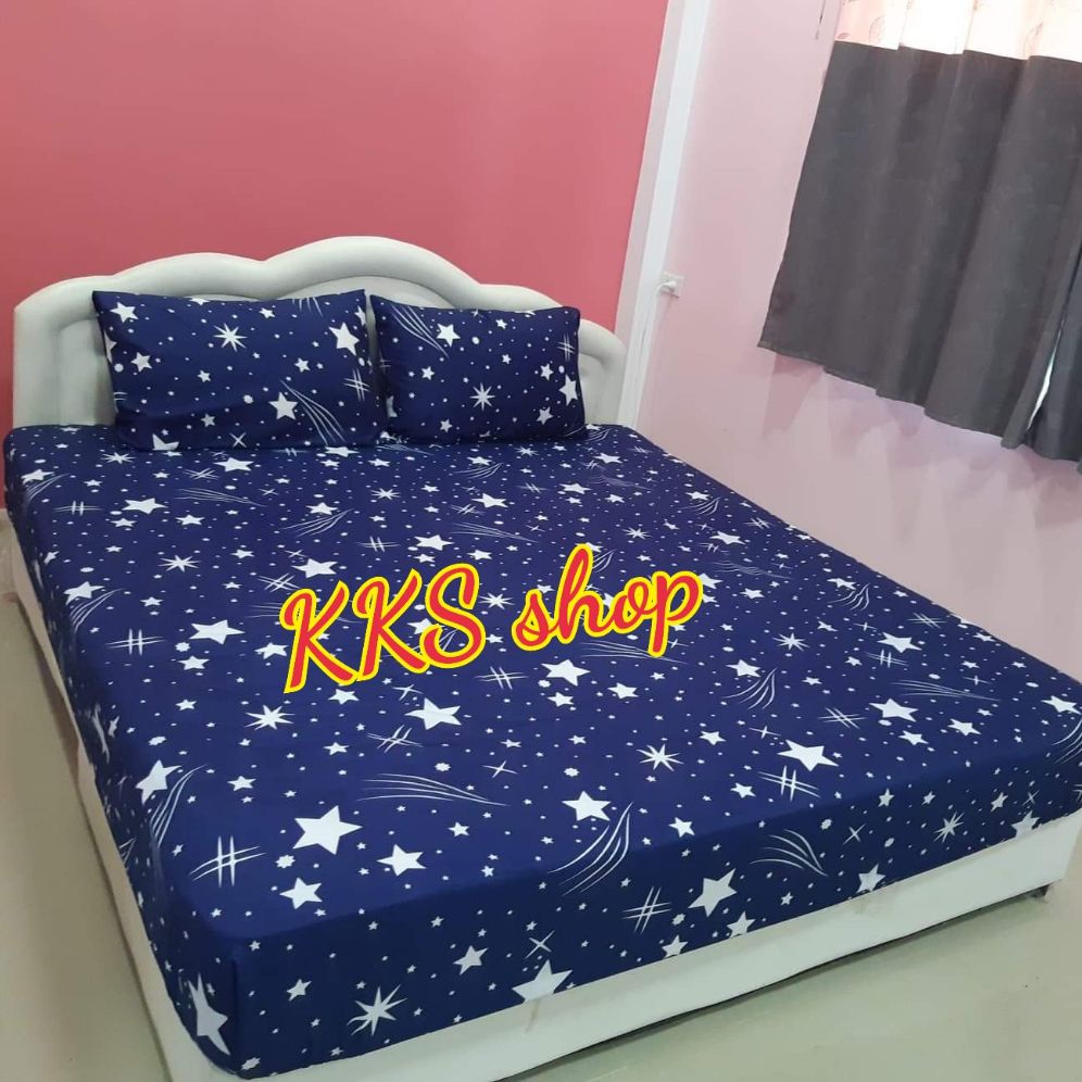 ผ้าปูที่นอนรัดมุม ลายดาวสีน้ำเงิน* ขนาด 3.5/ 5 /6 ฟุต(เฉพาะผ้าปูที่นอน) เนื้อผ้า Cotton สีไม่ตก