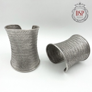 DSP กำไลข้อมือทรงอานม้าลายสาน เงินแท้ 92.5% : Weaving pattern 925 Sterling Silver Cuff Bangle [GSPB]