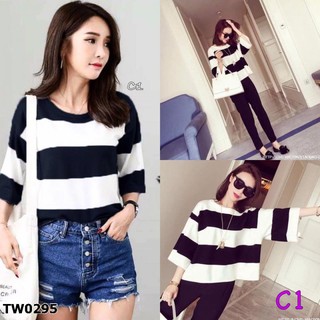 TwinsShopVip💗พร้อมส่ง TW0295 เสื้อครอปแขนยาว ลายทาง Long sleeve striped crop top