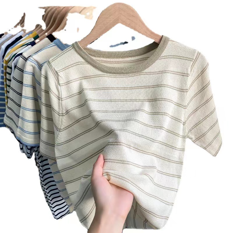 Knitwear striped short-sleeved T-shirt women's summer loose and thin ice silk thin half-sleeve top buy one get one free #4