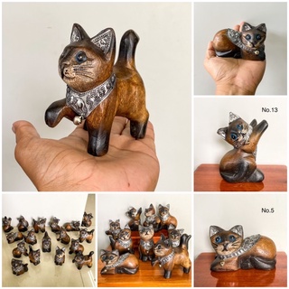 แมวไม้แกะสลัก แมวไม้ ตุ๊กตาแมวประดับเครื่องเงินลายพื้นเมือง Souvenirs Thailand. Carved wooden cat. silver decoration.