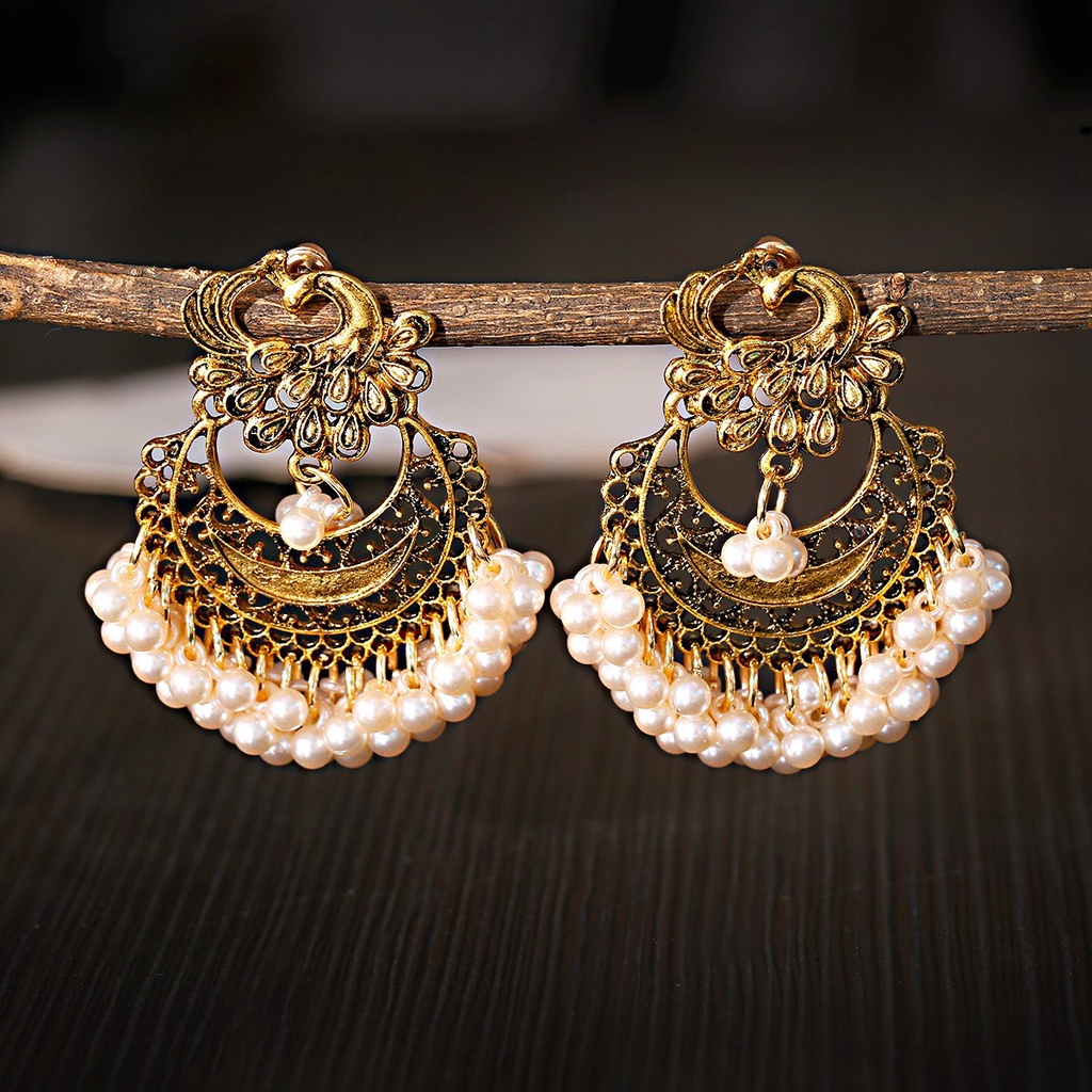 2020 Vintage Gold Peacock Alloy Bollywood Oxidized ต่างหูผู้หญิงชาติพันธุ์เพิร์ลพู่ Dangle ต่างหู