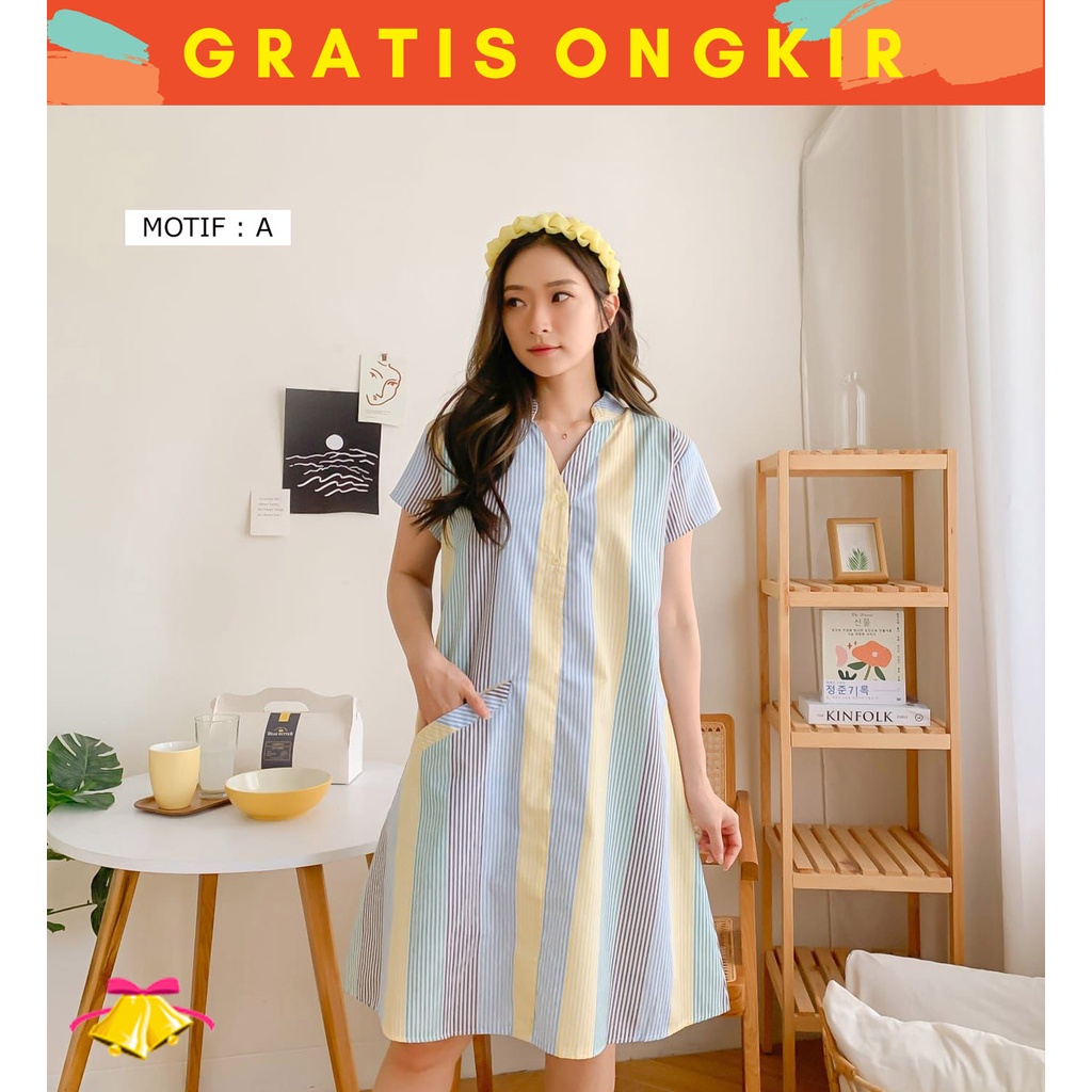 COTTONBELLS ชุดลําลองผู้หญิง ANNELA BUTTON POCKET STRIPE MIDI (MB - D 4515)