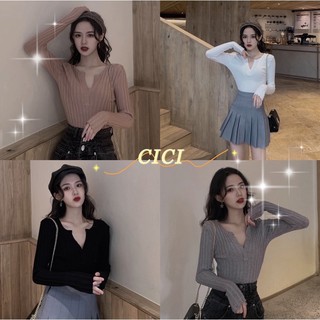 ❐Cici(NO.8899)เสื้อครอปแขนยาวไหมพรมคอวีสีเรียบๆ