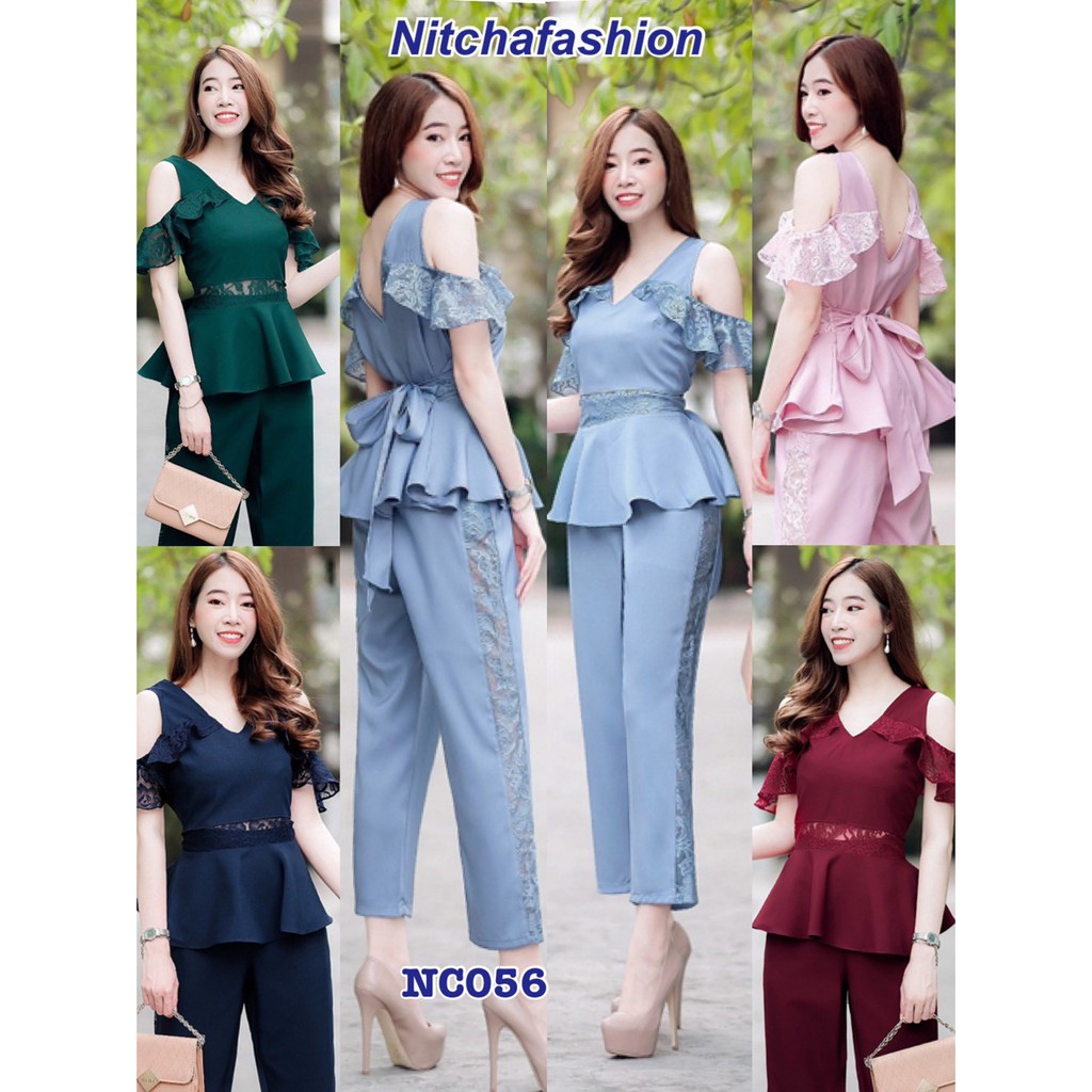 NC0056 ชุดเซ็ตเสื้อกางเกงผ้าซาร่าห์ เสื้อทรงปล่อยคอวีหน้าหลังแต่งระบายลูกไม้เอวซีทรู พร้อมสายผูกเอว