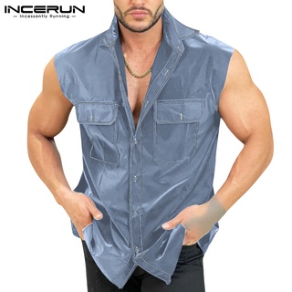 INCERUN Men Retro Style Casual Sleeveless Bust Pockets Lapel Collar Shirts