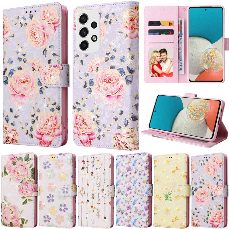 เคสโทรศัพท์หนัง Pu นิ่ม ฝาพับ ลายดอกไม้ พร้อมช่องใส่บัตร หรูหรา สําหรับ Samsung Galaxy A05s A53 A33 A23 A24 A52 4G A52S M23 A13 5G A13 4G A14 4G A24 5G A14 5G