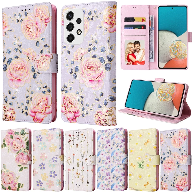 เคสโทรศัพท์หนัง Pu นิ่ม ฝาพับ ลายดอกไม้ พร้อมช่องใส่บัตร หรูหรา สําหรับ Samsung Galaxy A05s A53 A33 A23 A24 A52 4G A52S M23 A13 5G A13 4G A14 4G A24 5G A14 5G
