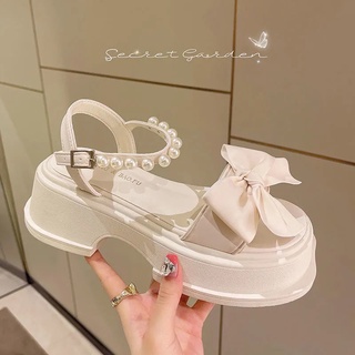 💥Hot sale！รองเท้าแตะแฟชั่น✨รองเท้าส้นตึก การออกแบบโบว์ที่สง่างาม💕แฟชั่นเกาหลี รองเท้าแตะแพลตฟอร์ม สูง 4.5cm Size 35-40